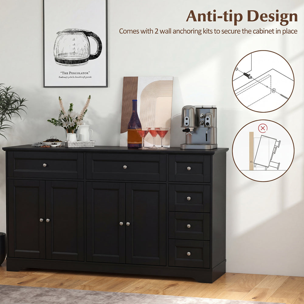 Buffet sideboard in black features a 59" countertop, six drawers, and two cabinets for organized coffee bar storage.