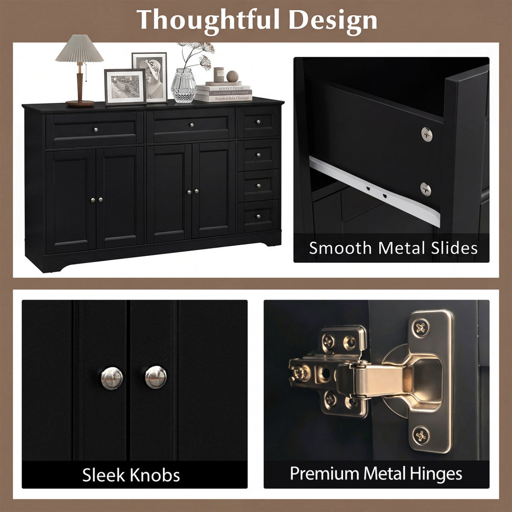 Buffet sideboard in black features a spacious countertop, six drawers, and two cabinets for organized storage solutions.