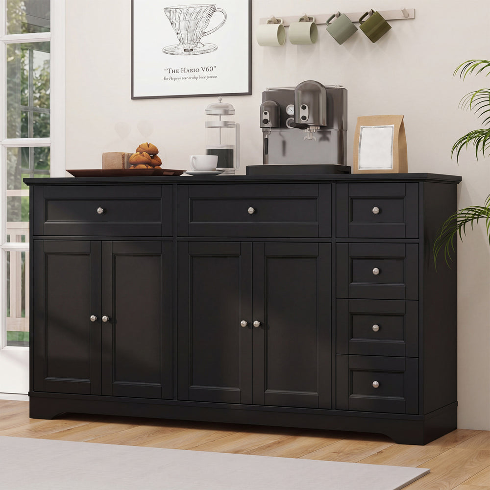 Black buffet sideboard with 59" countertop, 6 drawers, and 2 cabinets for organized coffee bar and storage solutions.