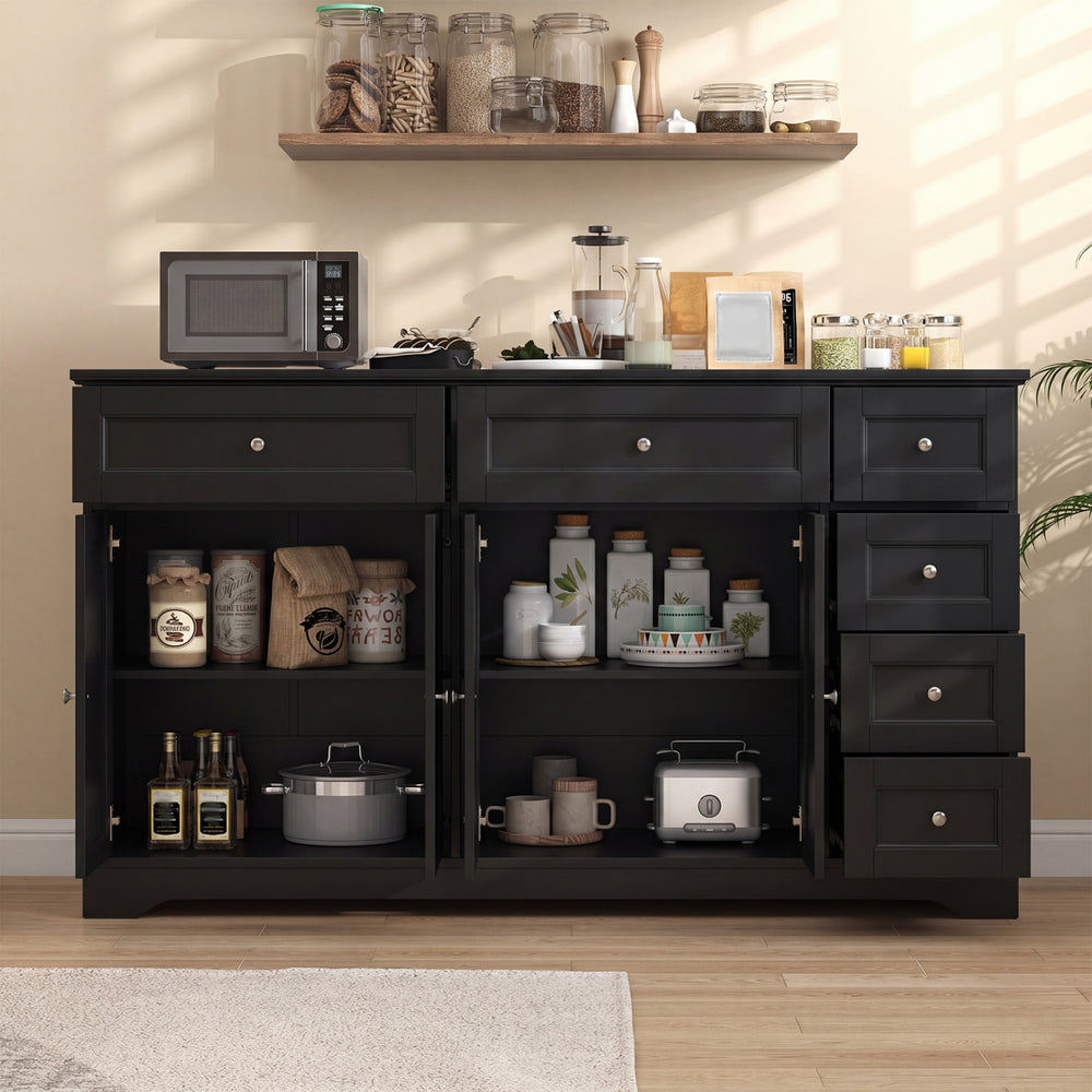 Buffet sideboard in black with spacious countertop, six drawers, and two cabinets for organized coffee bar storage.