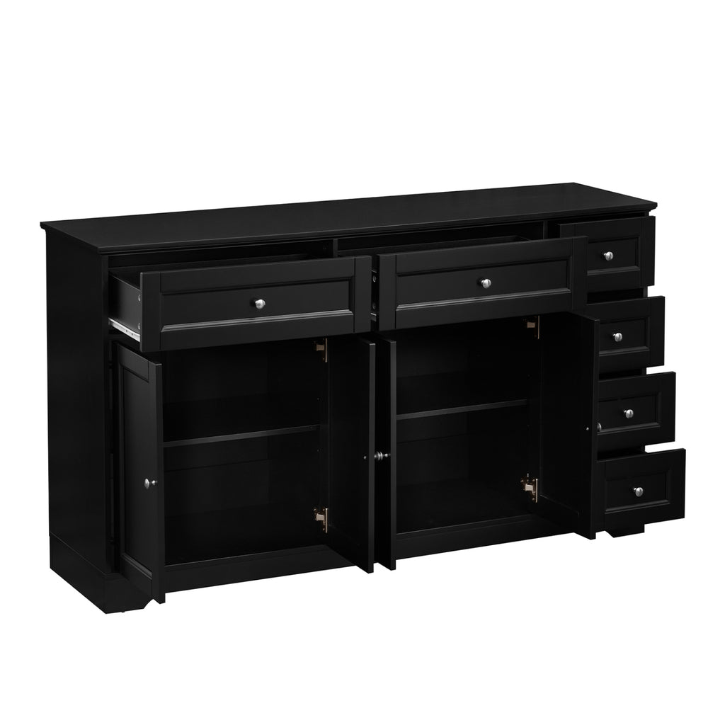 Buffet sideboard in black with 59" countertop, 6 drawers, and 2 cabinets for organized coffee bar storage.