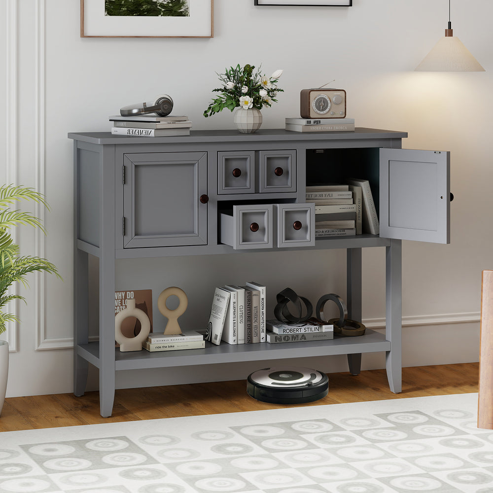 Buffet sideboard cabinet in gray with 2 doors, 2 drawers, and a spacious top for serving or display in any room.