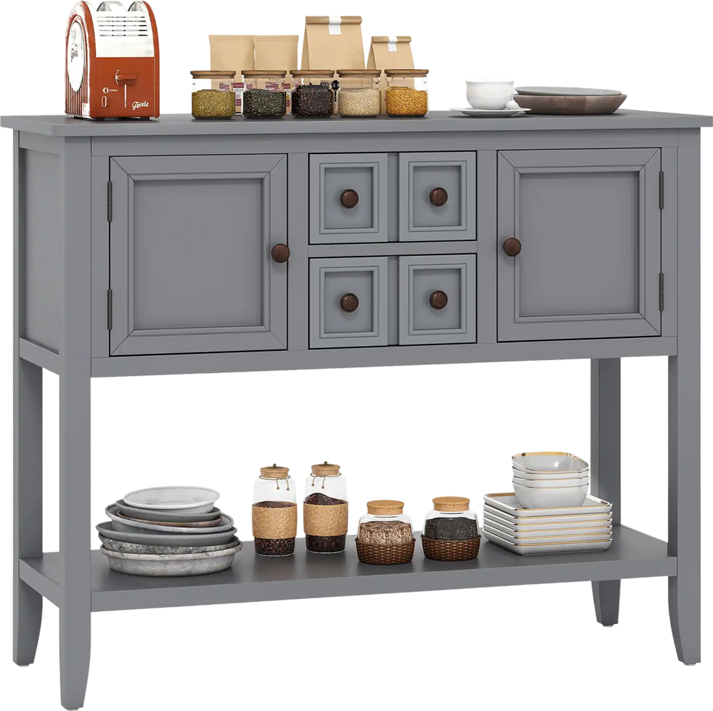 Gray buffet sideboard cabinet showcasing two drawers and three decorative storage compartments, perfect for any.