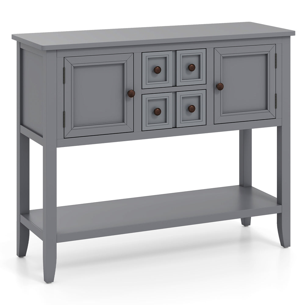 Gray buffet sideboard cabinet with 2 doors, 2 drawers, and a bottom shelf for versatile storage in any room.