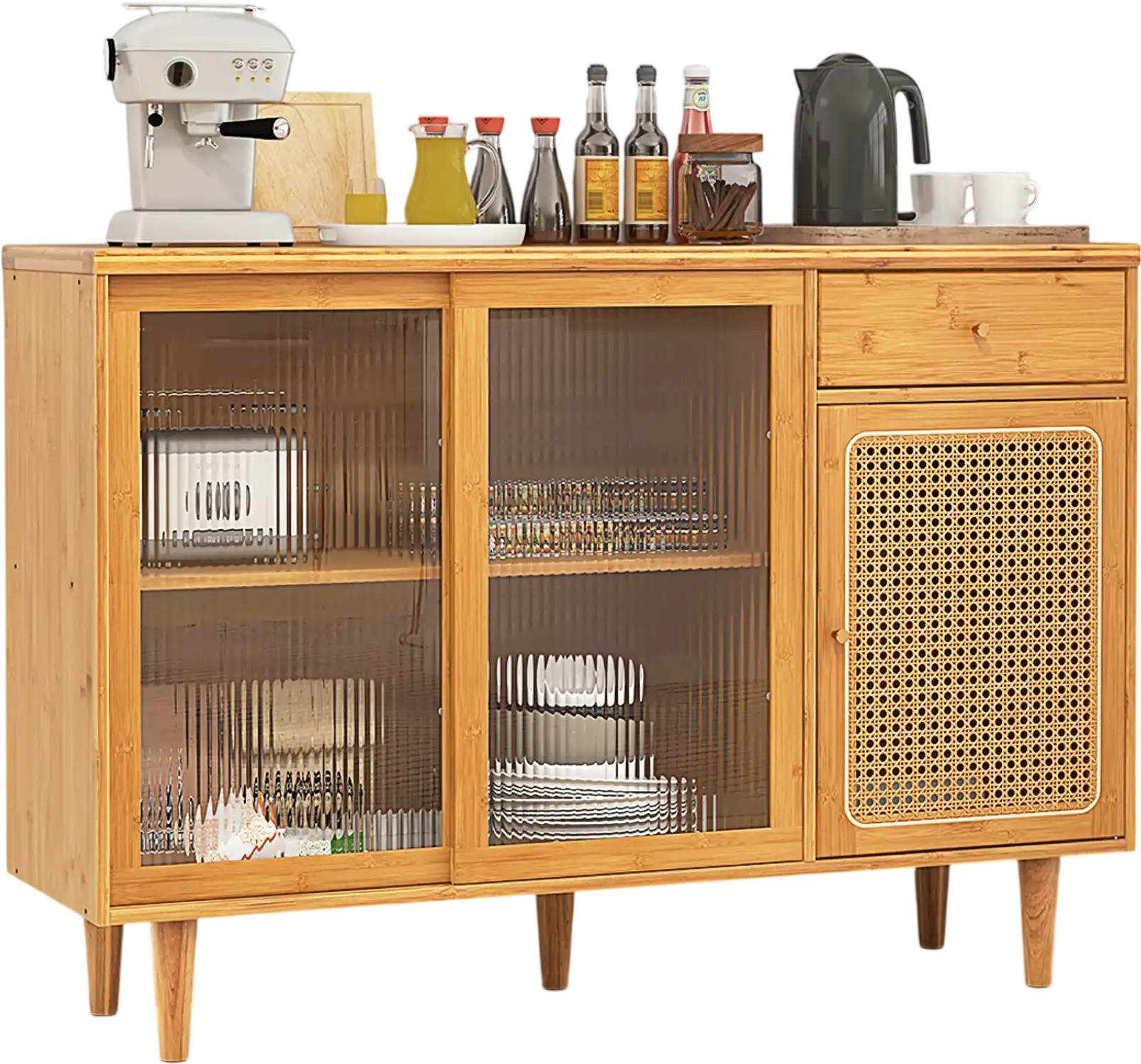 Costway Modern Bamboo Buffet Sideboard Cabinet Tempered Glass Sliding Doors 37214985 New