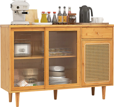 Costway Modern Bamboo Buffet Sideboard Cabinet Tempered Glass Sliding Doors 37214985 New