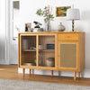 Modern bamboo buffet sideboard cabinet with tempered glass sliding doors, featuring a rattan door for rustic elegance.