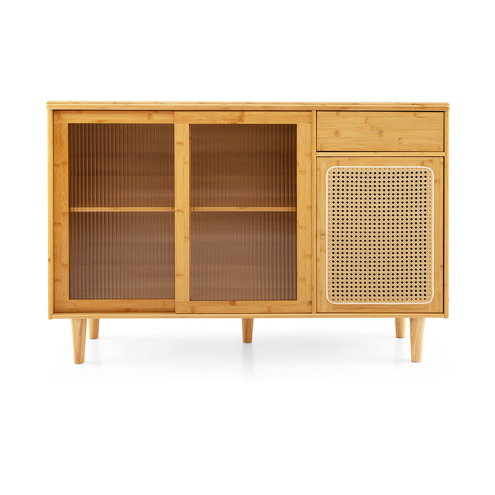 Modern bamboo buffet sideboard cabinet with tempered glass sliding doors and rattan accents for stylish storage.