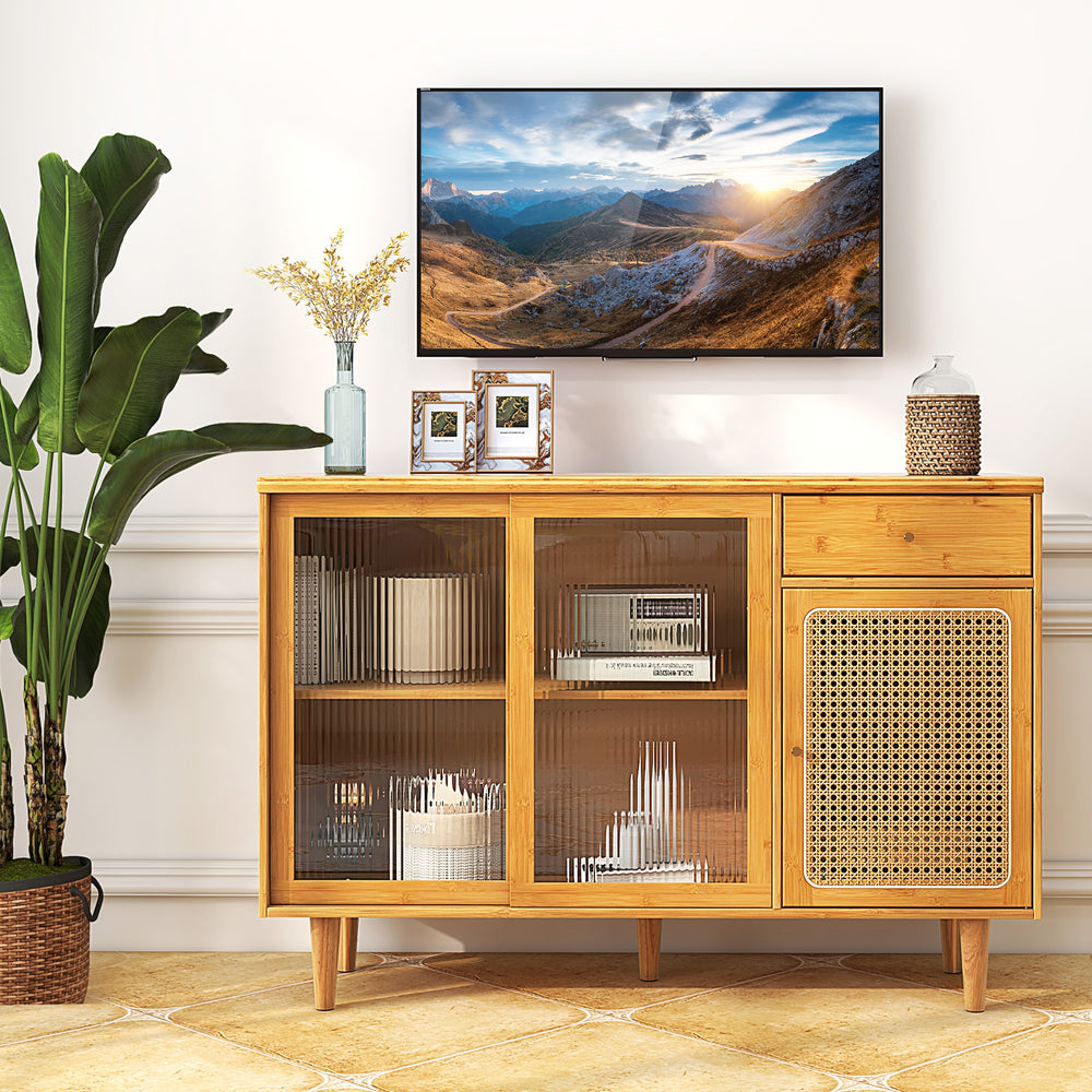 Modern bamboo buffet sideboard cabinet with tempered glass sliding doors, featuring rattan accents, for stylish storage.