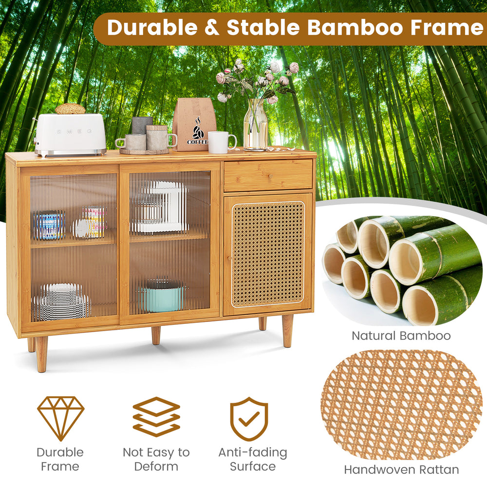Modern bamboo buffet sideboard cabinet with a spacious tabletop, designed to hold 55" flat-screen TVs, in natural.