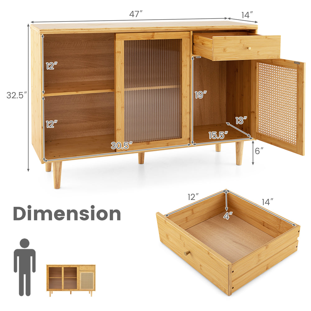 Modern bamboo buffet sideboard cabinet with tempered glass sliding doors, featuring ample storage and rustic rattan.