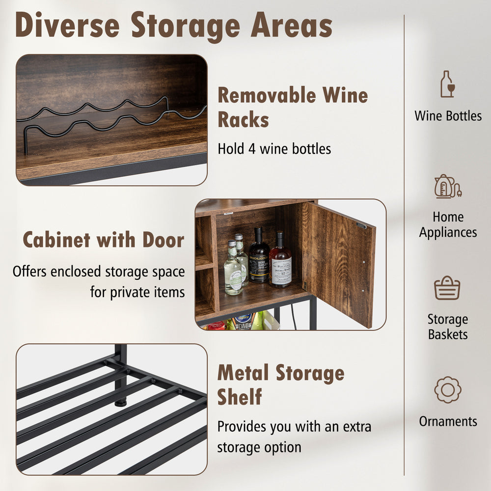 Buffet sideboard cabinet in rustic brown with removable wine racks, power outlets, and enclosed storage for versatile.