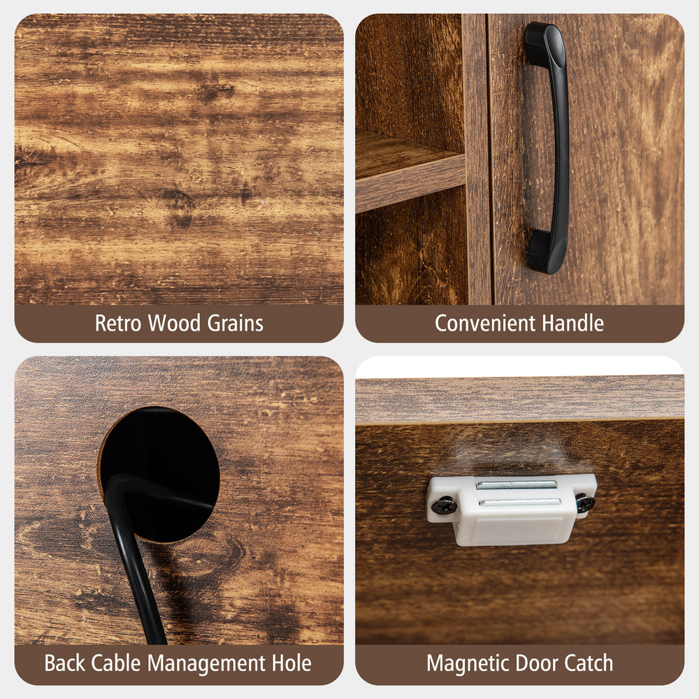 Close-up of the Buffet Sideboard's magnetic door catch and convenient handle, featuring rustic brown wood grains.