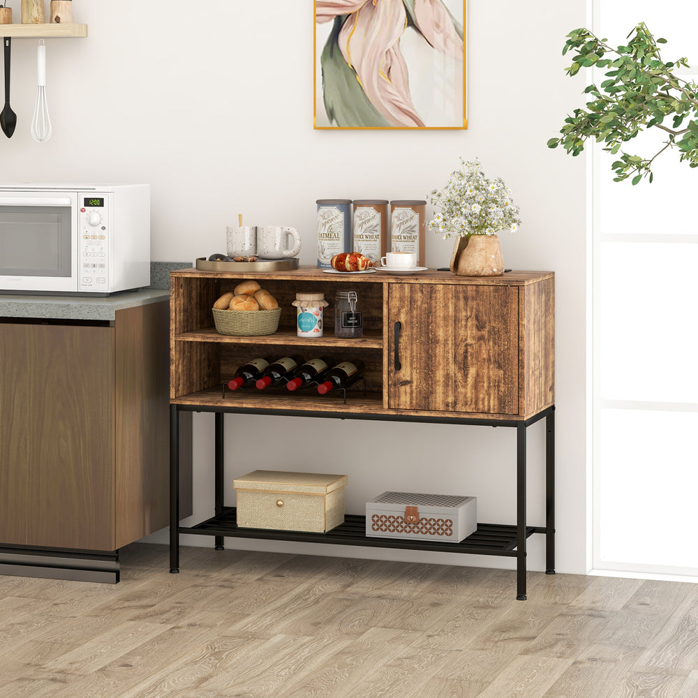 Buffet sideboard coffee bar cabinet in rustic brown with wine racks, power outlets, and USB ports for versatile storage.