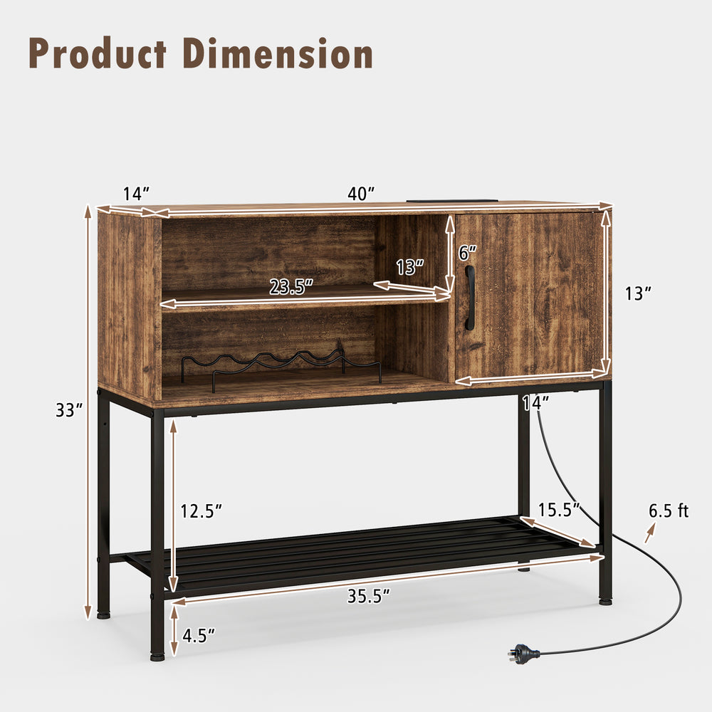 Buffet sideboard coffee bar cabinet in rustic brown with dimensions, featuring power outlets and USB ports for.