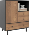 Mid-century modern black buffet sideboard with 4 drawers and open compartment for stylish storage and display.