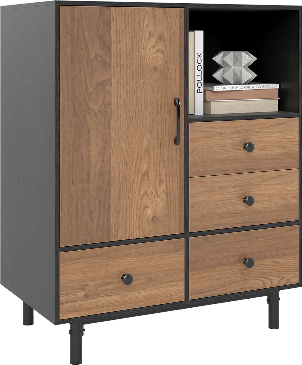 Mid-century modern black buffet sideboard with 4 drawers and open compartment for stylish storage and display.