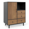 Mid-century modern storage cabinet in black with 4 drawers and open compartment, ideal for tidy organization.