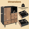 Mid-century modern black buffet sideboard with 4 drawers and open compartment, featuring dimensions and weight capacity.