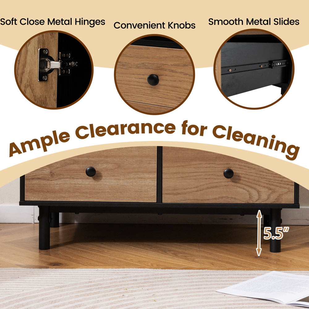 Buffet sideboard with 4 drawers and open compartment, featuring soft close hinges and 5.5" clearance for easy cleaning.