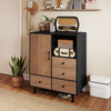 Mid-century modern storage cabinet in black with 4 drawers and open compartment, perfect for tidy organization.