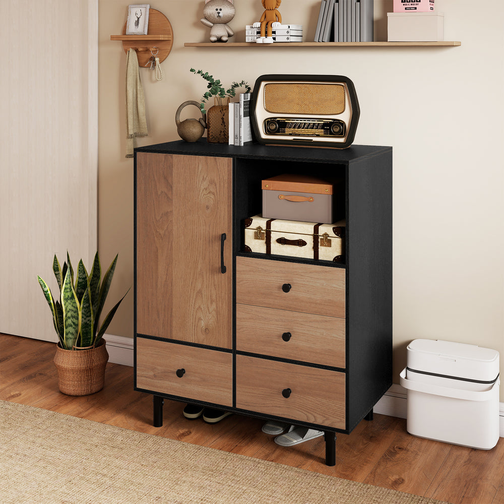 Mid-century modern storage cabinet in black with 4 drawers and open compartment, perfect for tidy organization.