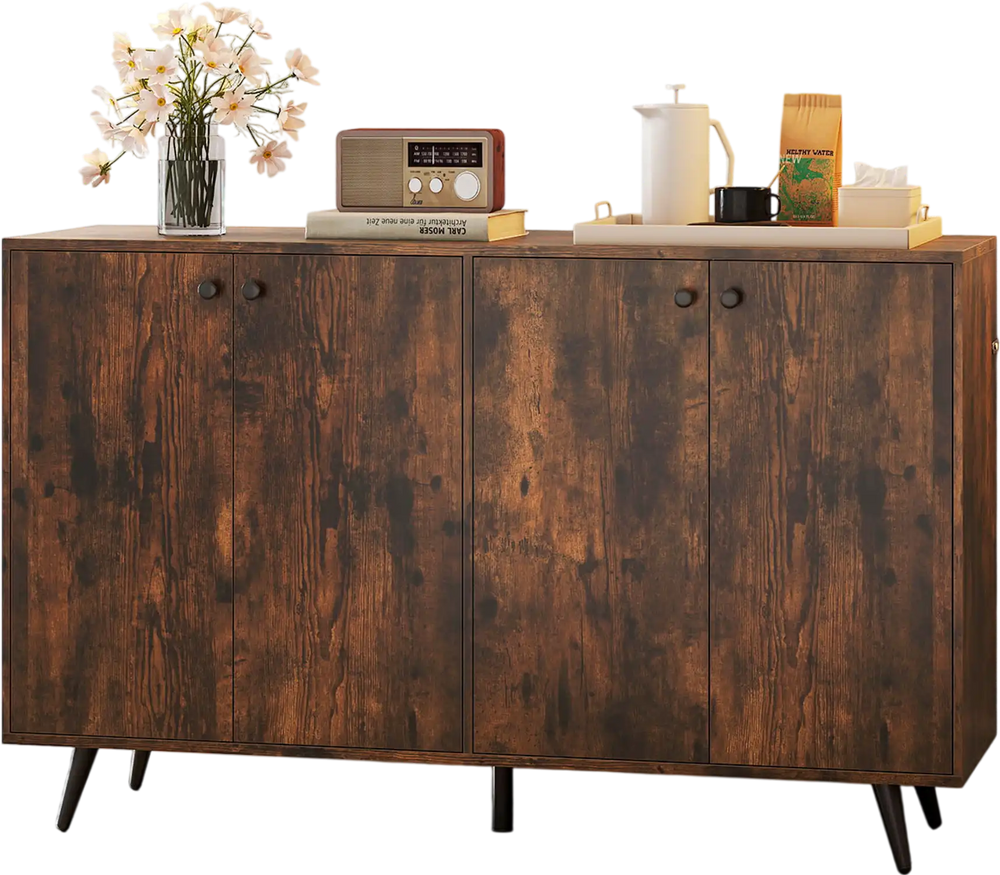 Mid-century modern buffet sideboard in rustic brown with four doors and adjustable shelves for versatile storage.
