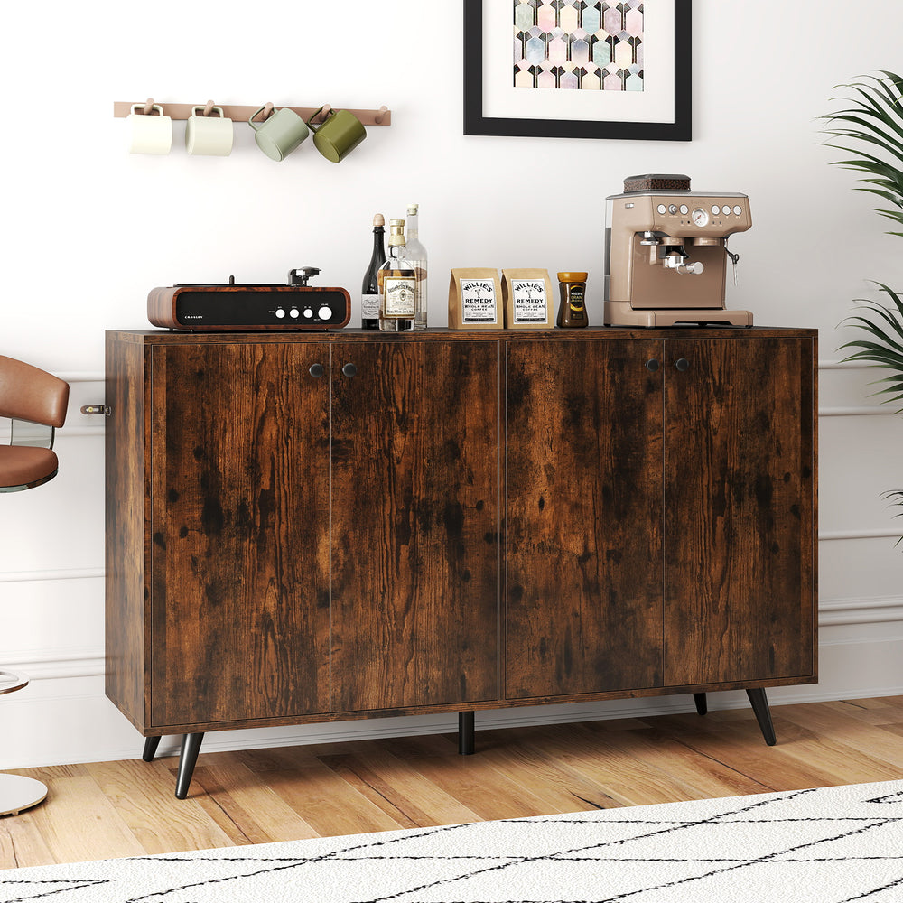 Rustic brown mid-century modern buffet sideboard showcasing sleek design, adjustable shelves, and premium metal hinges.