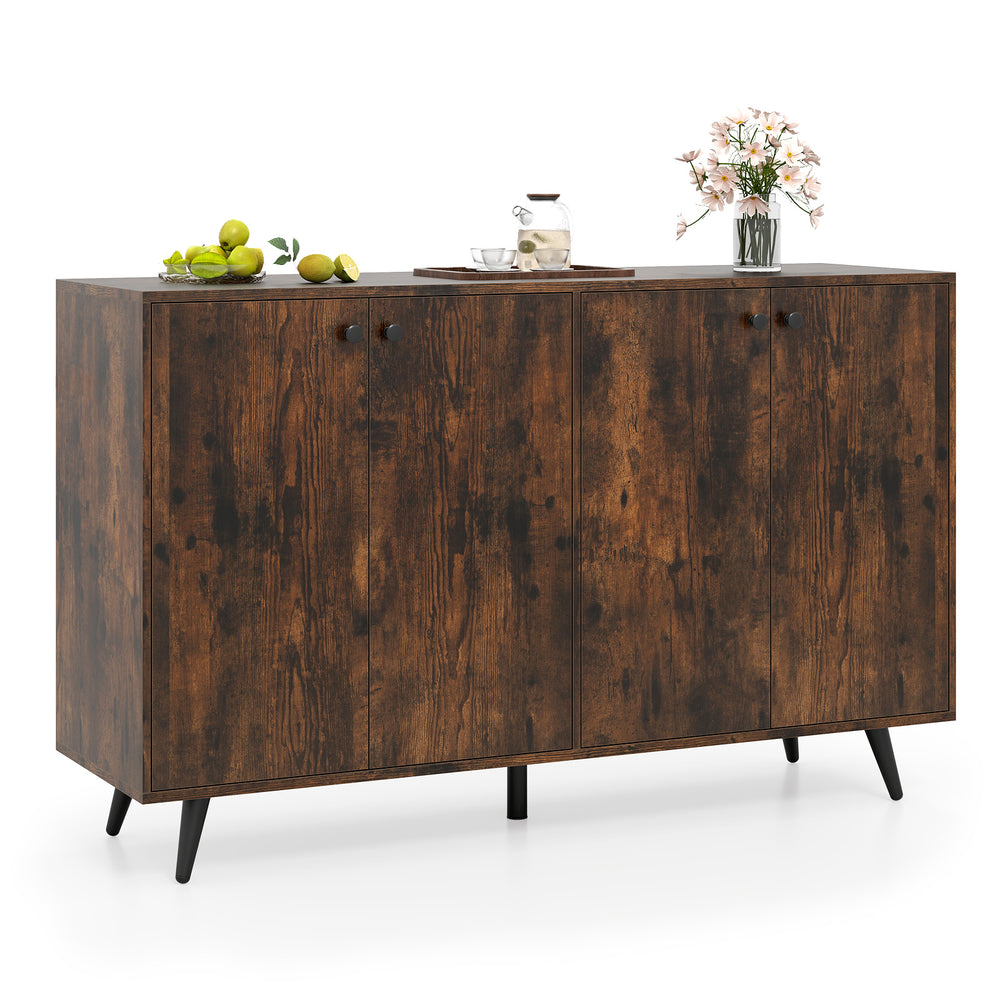 Mid-century modern buffet sideboard in rustic brown with four doors and adjustable shelves for ample storage.