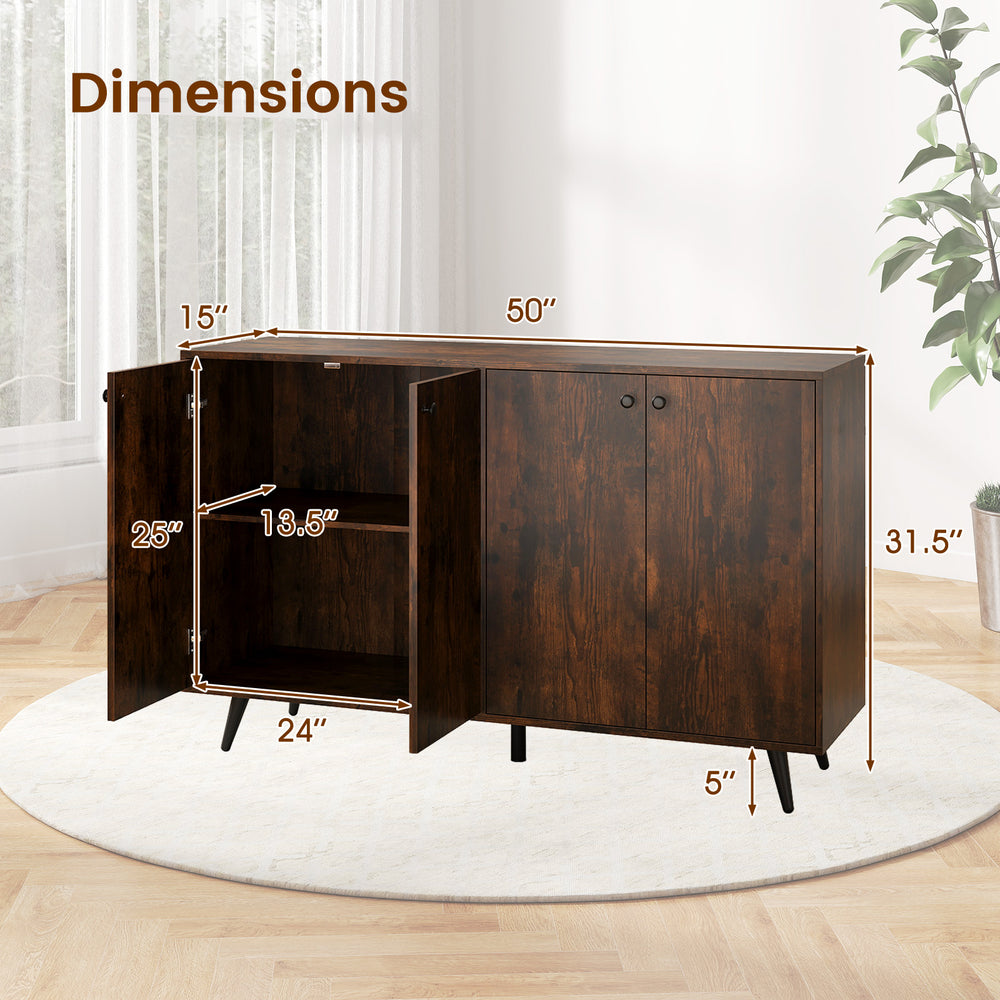 Mid-century modern buffet sideboard in rustic brown with dimensions, featuring adjustable shelves and 4 doors for.