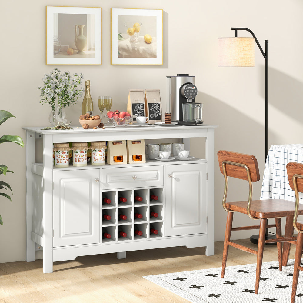 Buffet sideboard with an open shelf and two side cabinets, ideal for organizing kitchen and dining essentials in white.