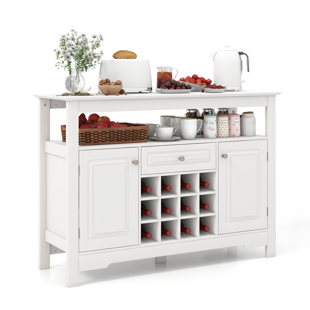Buffet sideboard in white with removable wine rack, open shelf, and two side cabinets for versatile storage solutions.