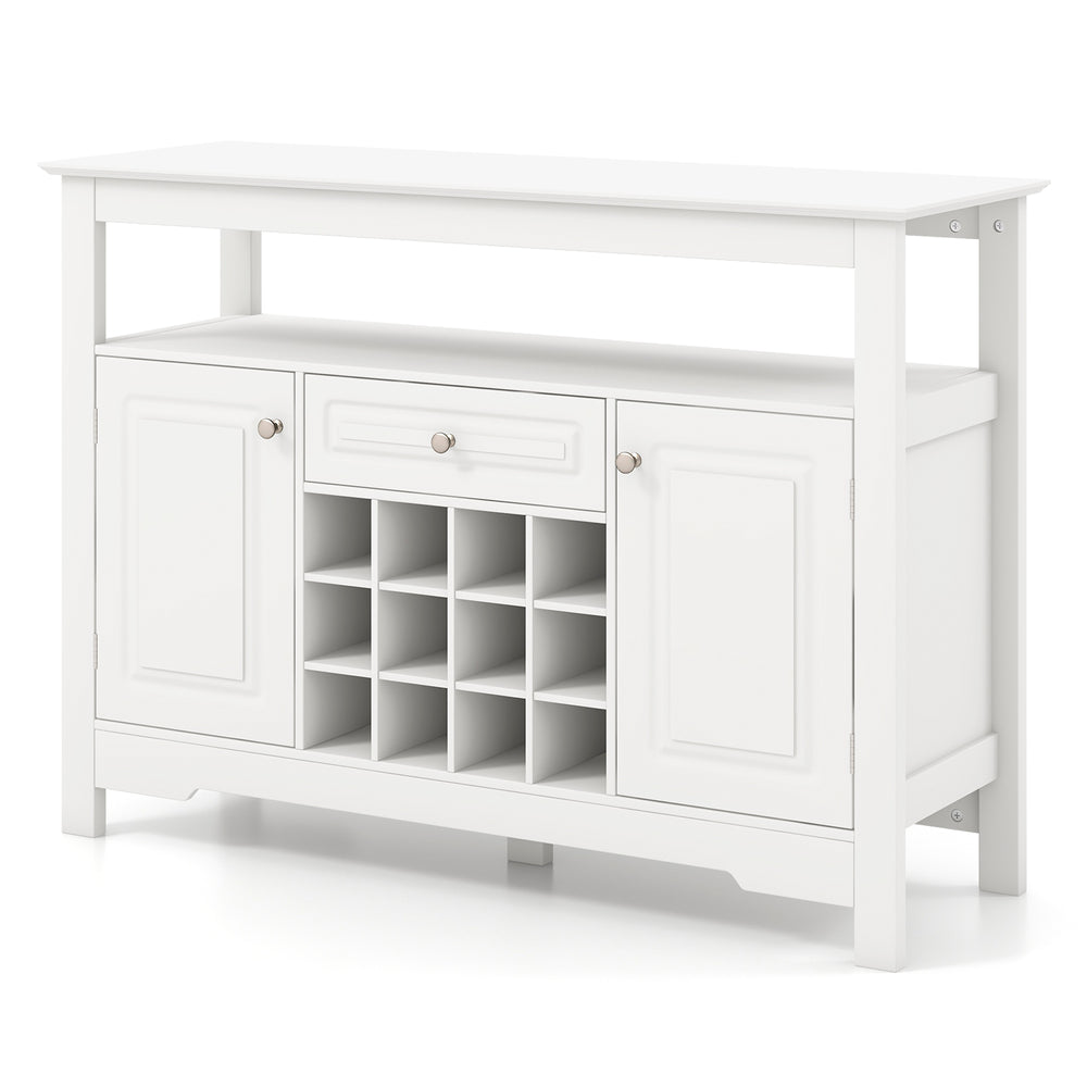 Buffet sideboard cabinet in white with removable wine rack, open shelf, and two side cabinets for versatile storage.