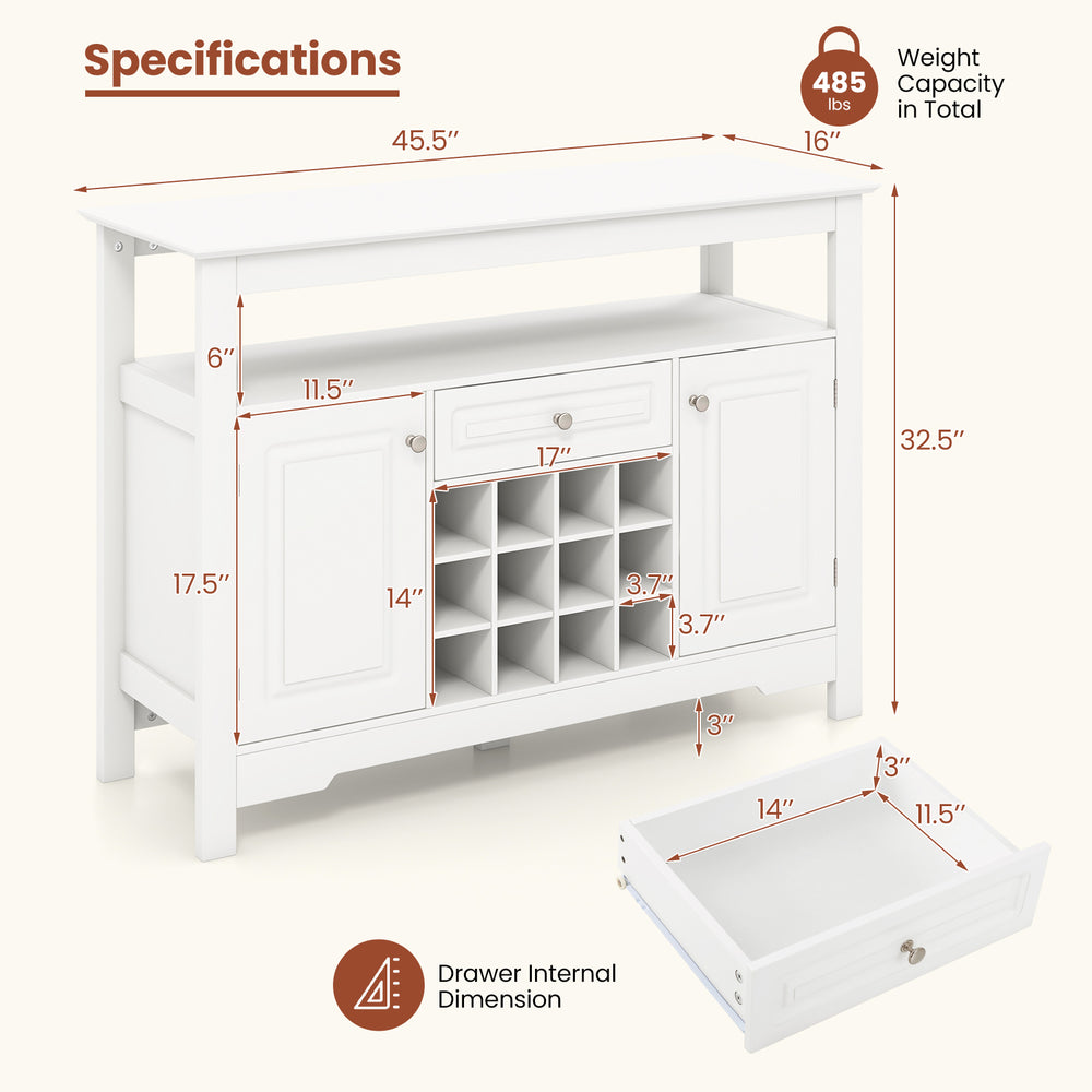 Buffet sideboard cabinet dimensions with removable wine rack, showcasing open shelf and two side cabinets for versatile.