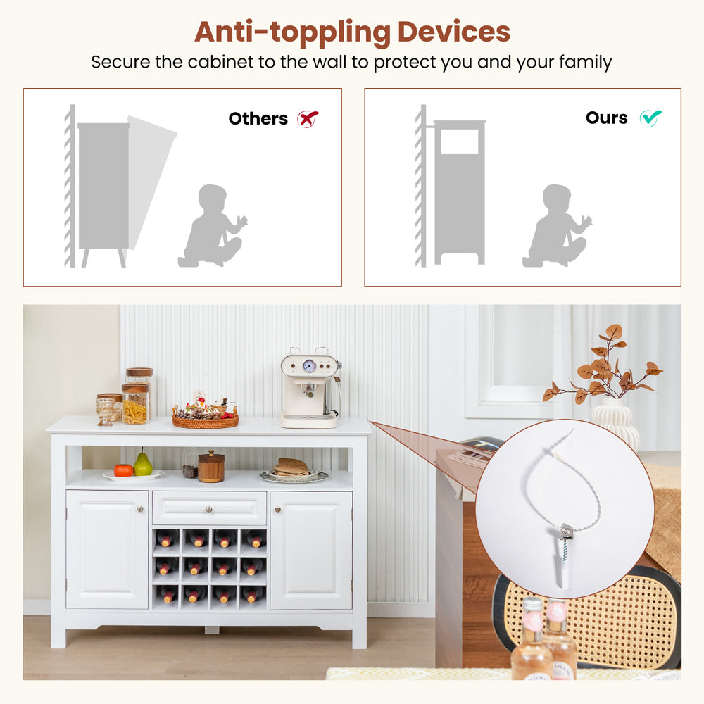 Buffet sideboard cabinet in white with anti-tipping device, removable wine rack, and stylish modern design for.