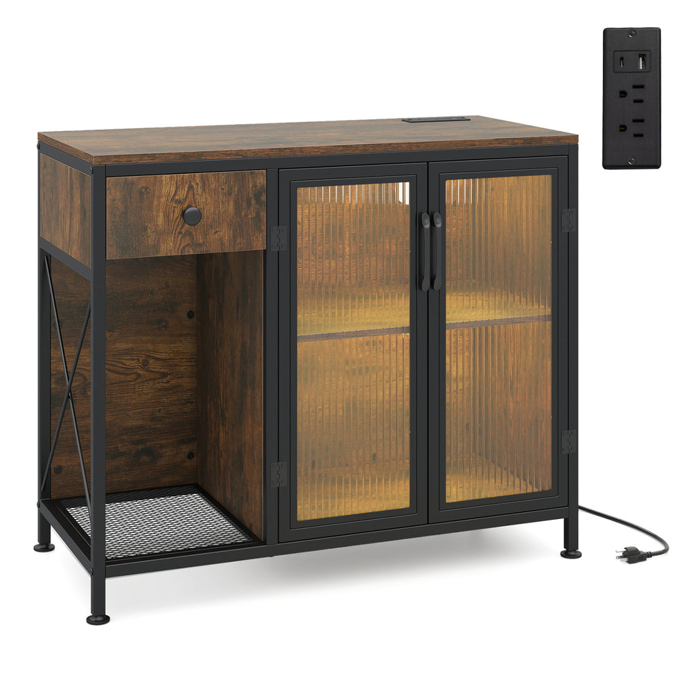 Buffet sideboard in rustic brown with doors, power outlets, and RGB LED light for versatile home storage and ambiance.