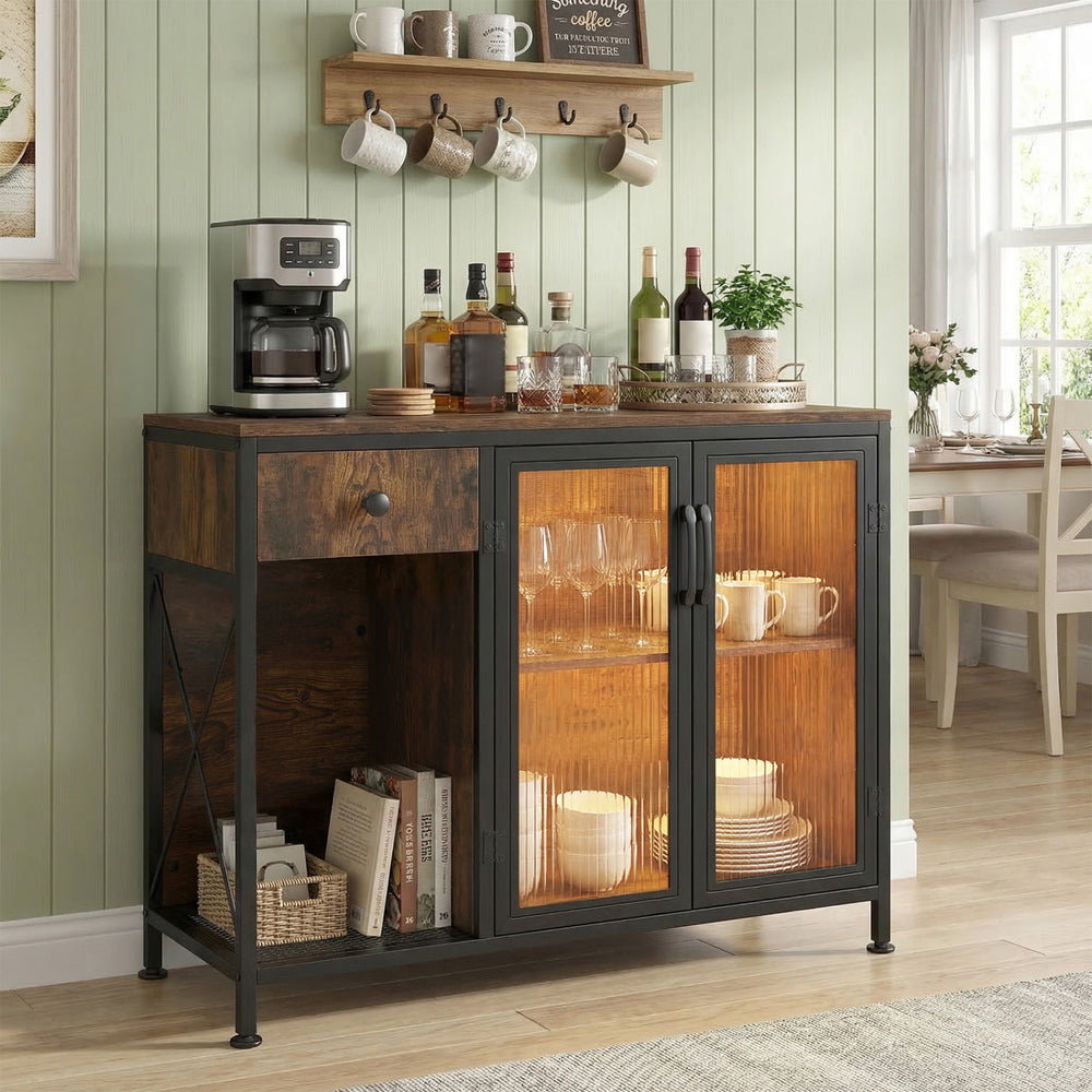 Buffet Sideboard with Doors Power Outlets and LED Light-Rustic Brown - Gallery View 1 of 11