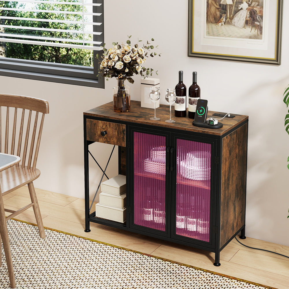 Buffet sideboard with rustic brown finish, LED light, power outlets, and storage for kitchen or dining room use.
