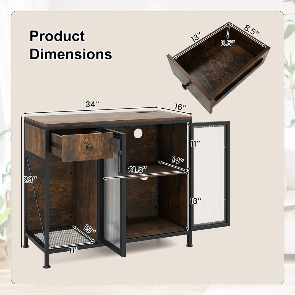 Buffet sideboard with doors, power outlets, and LED light in rustic brown, featuring dimensions and storage details.