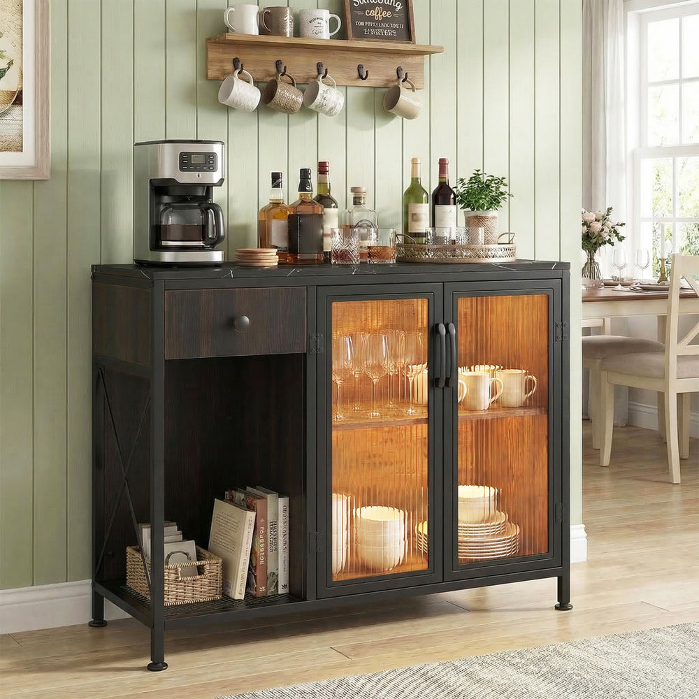 Buffet Sideboard with Doors Power Outlets and LED Light-Black - Gallery View 1 of 11