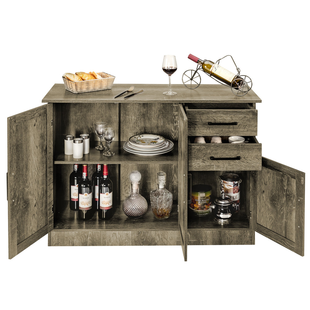 Buffet storage cabinet in gray with 2 drawers and adjustable shelves, ideal for kitchen or dining room organization.