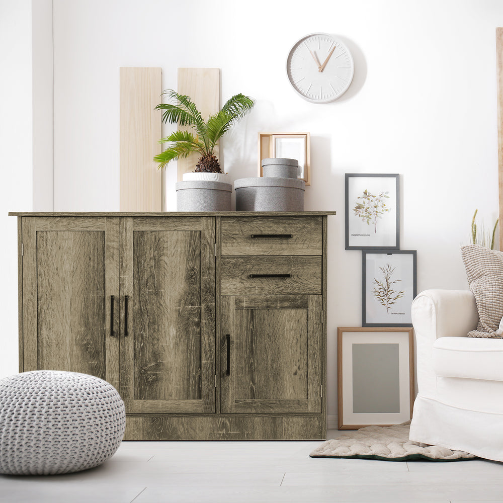 Buffet storage cabinet in gray with 2 drawers and 2 side cabinets, ideal for modern kitchen or living room decor.