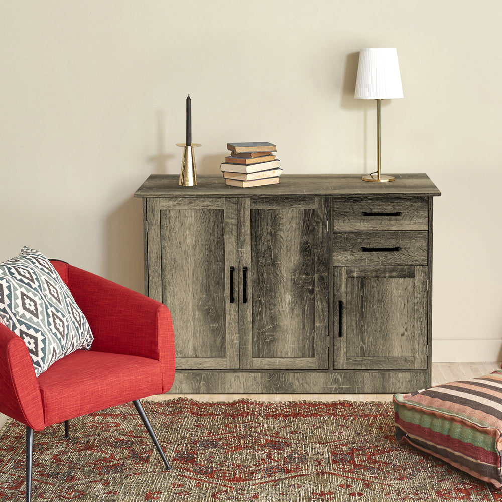 Gray buffet storage cabinet with a modern design and easy-to-clean surface, ideal for stylish storage in any room.