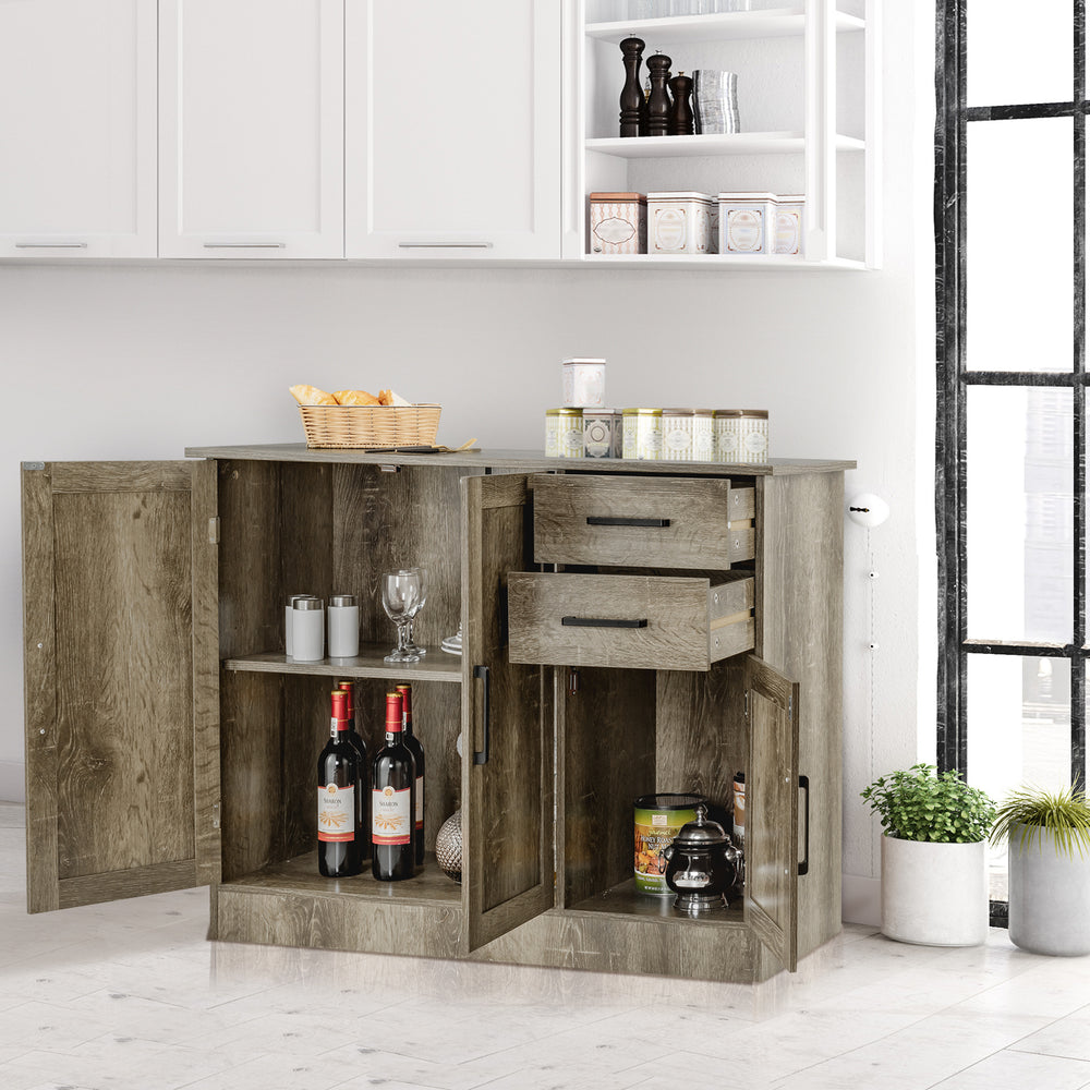 Gray buffet storage cabinet showcasing spacious side cabinets and a sleek design, ideal for stylish kitchen storage.