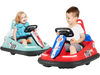 Kids ride-on bumper cars in red and green, featuring 360° spinning, safety belts, and LED lights for indoor fun.