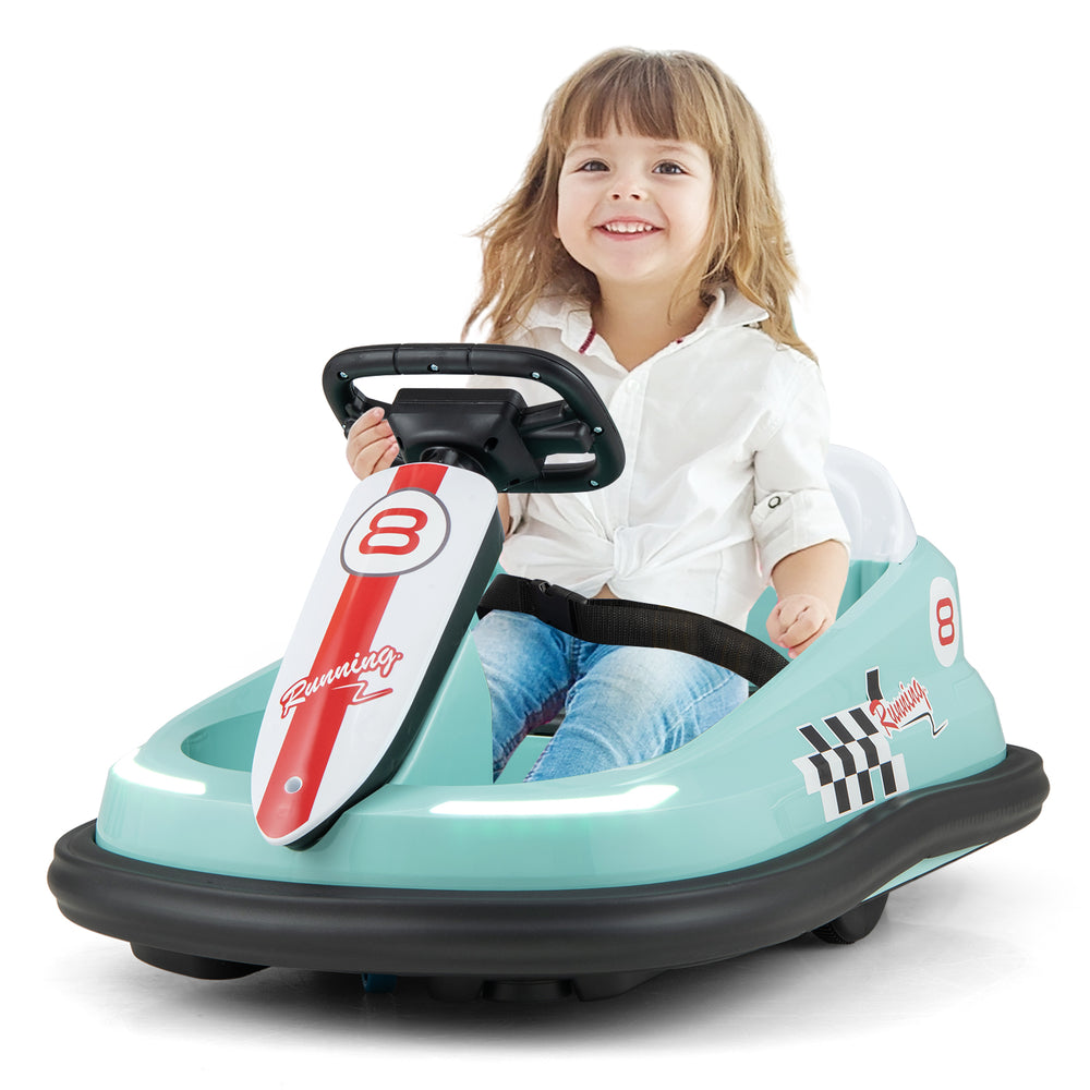 Kids ride-on bumper car in green with steering wheel, safety belt, and 360° spinning for indoor or outdoor fun.