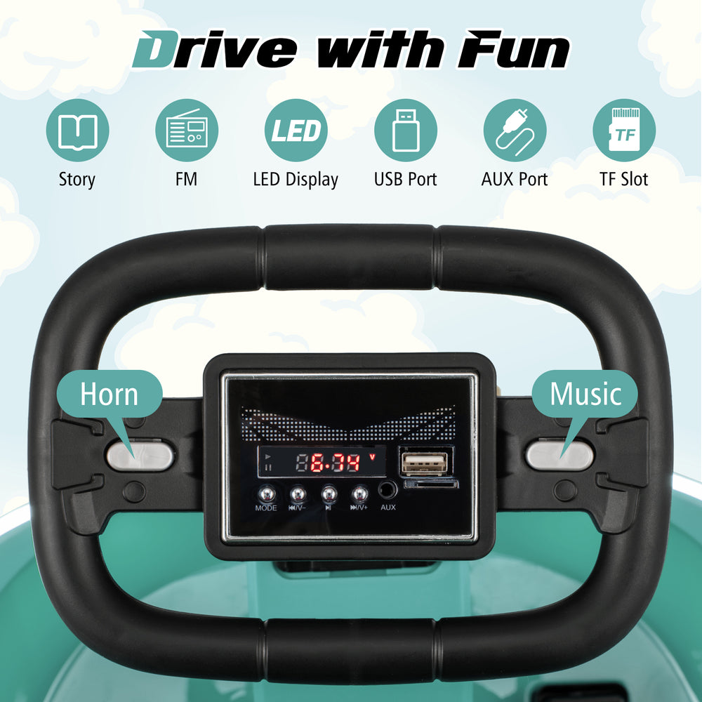 Steering wheel of the 6V kids ride-on bumper car with LED display, USB port, and music features for fun driving.