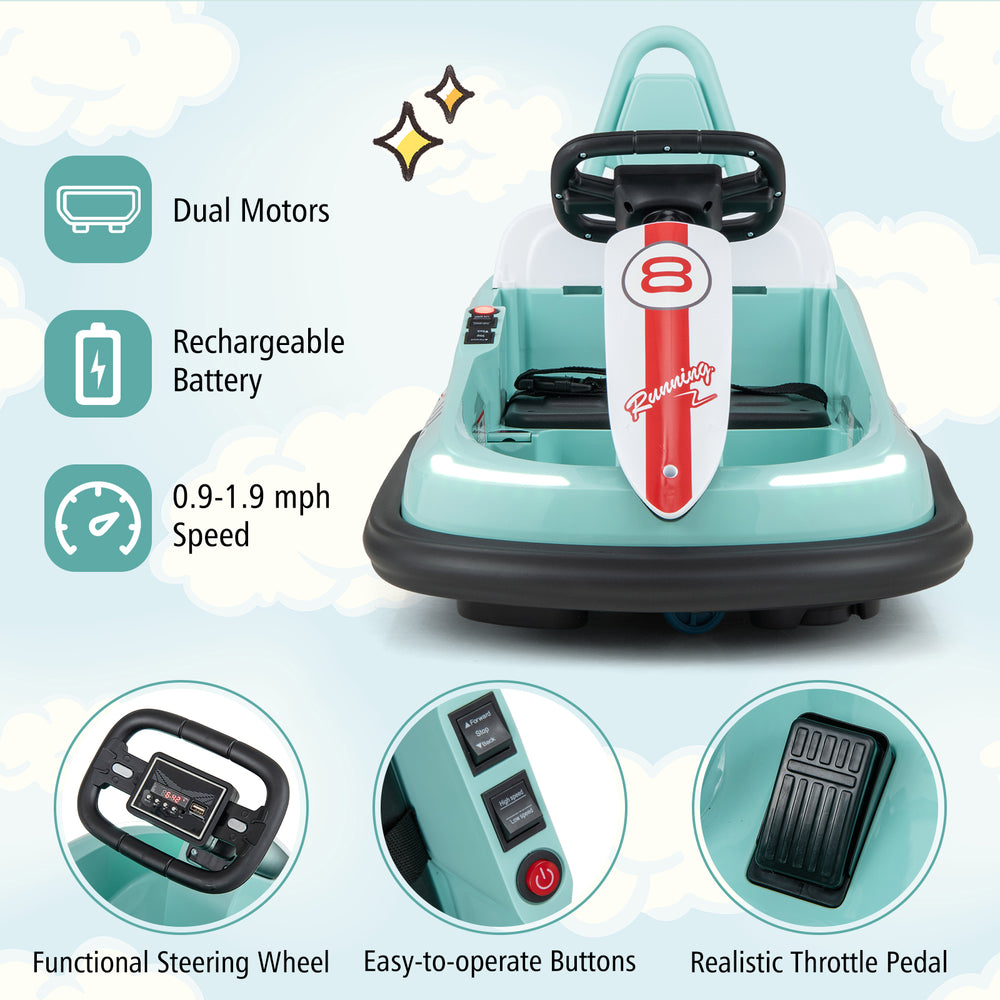 Kids ride-on bumper car in green with functional steering wheel, throttle pedal, and 360° spinning for indoor or.