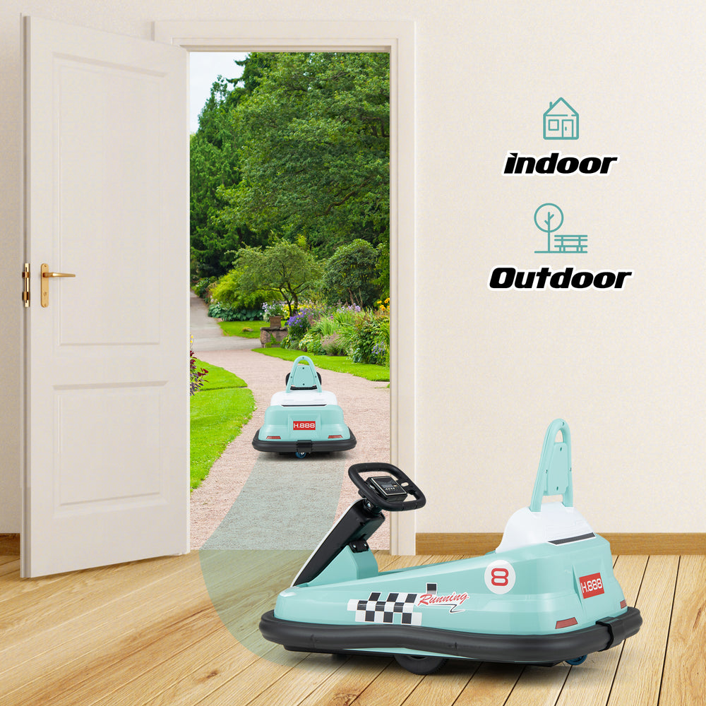 Kids ride-on bumper car in green with 360° spinning, dual motors, and safety features for indoor and outdoor fun.