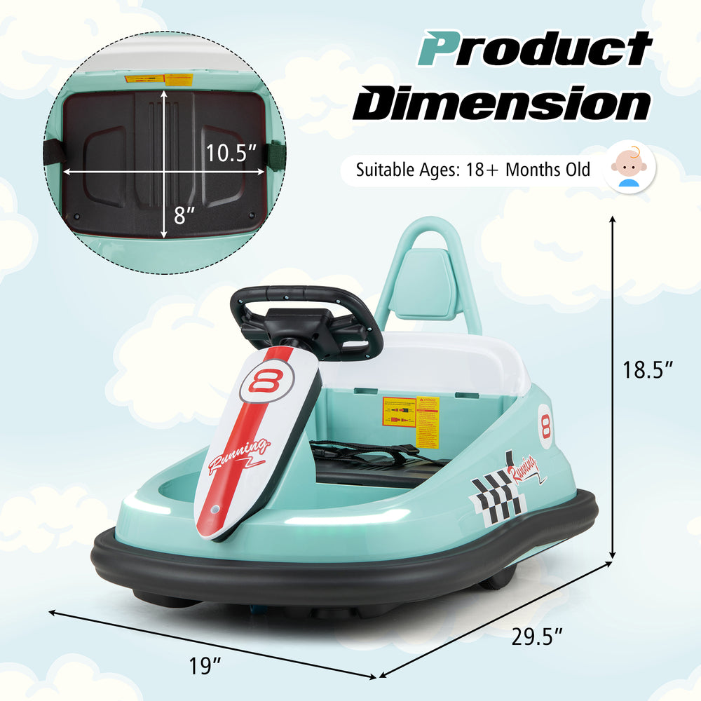 Kids ride-on bumper car in green with 360° spinning, functional steering wheel, and safety features for indoor or.
